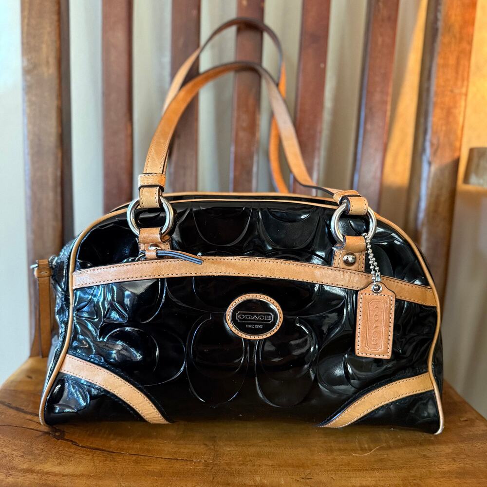 Coach Peyton Signature Embossed Patent Leather Satchel Black/Tan